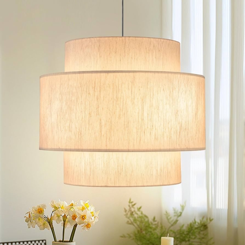 Chandelier: Three Tier Linen Drum Shade, Transitional Style