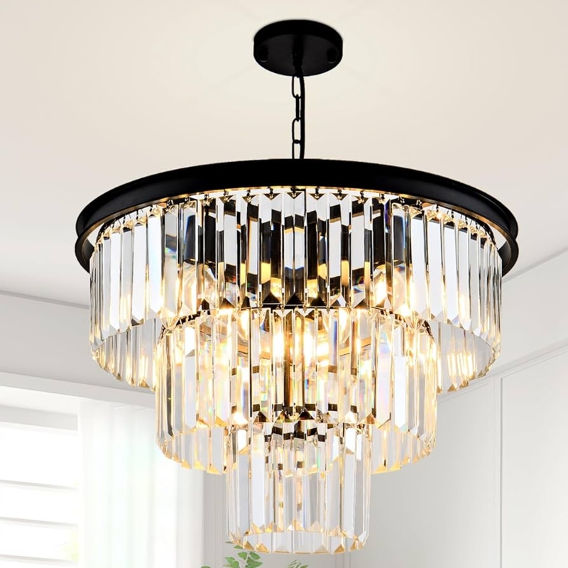 Chandelier Three-Tier Round Black Metal Rings Crystal Glam Fixture