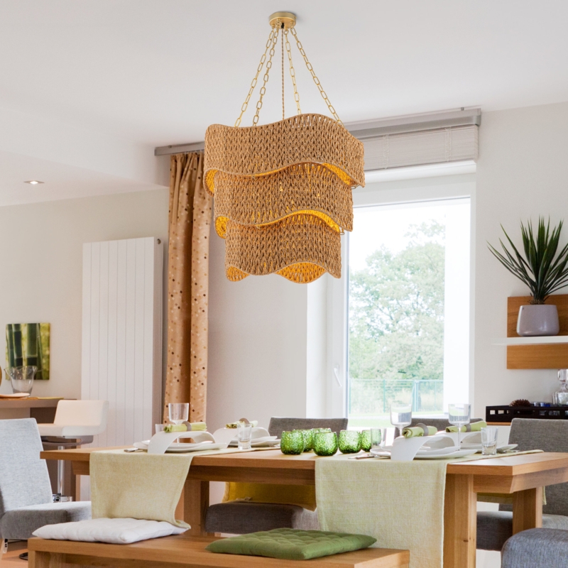 Chandelier Three Tier Woven Rattan Shades Coastal Boho Light