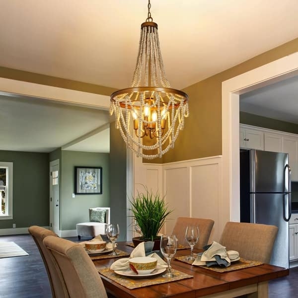 Chandelier Three-Tiered Distressed Wood Beads Scalloped Silhouette