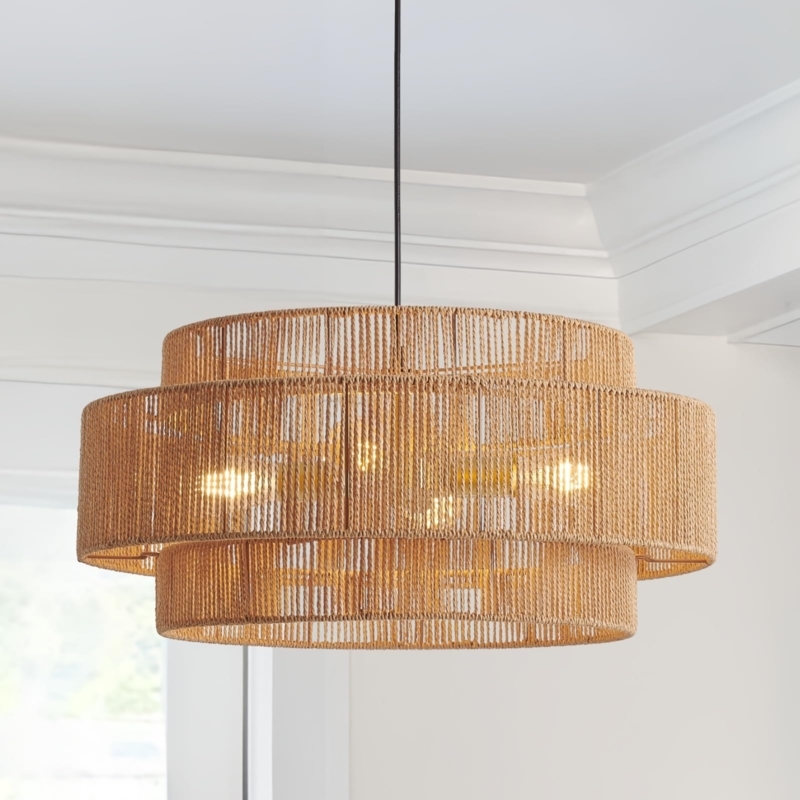 Chandelier Three-Tiered Rattan Boho Coastal Dining Room Lighting