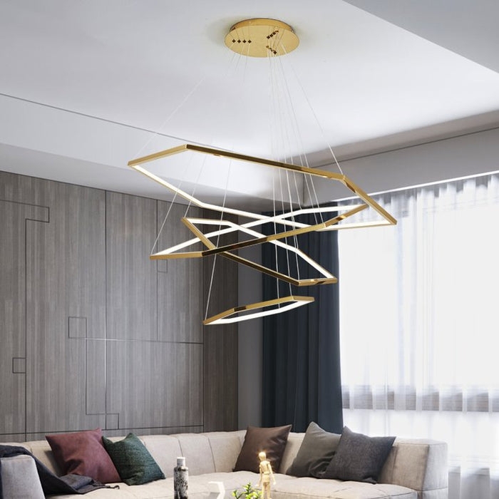 Chandelier Three Tiered Rings Gold Metallic LED Adjustable Geometry