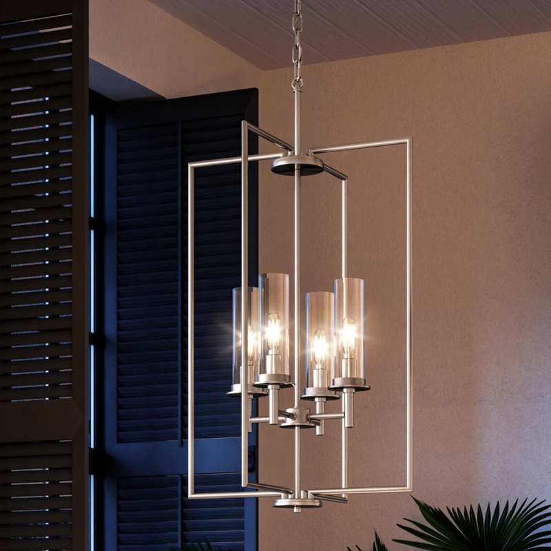 Chandelier Tiered Column Frosted Glass Cylinders Brushed Nickel