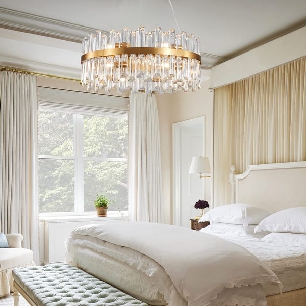 Chandelier Tiered Crystal Design Polished Gold Finish Luxury Glam