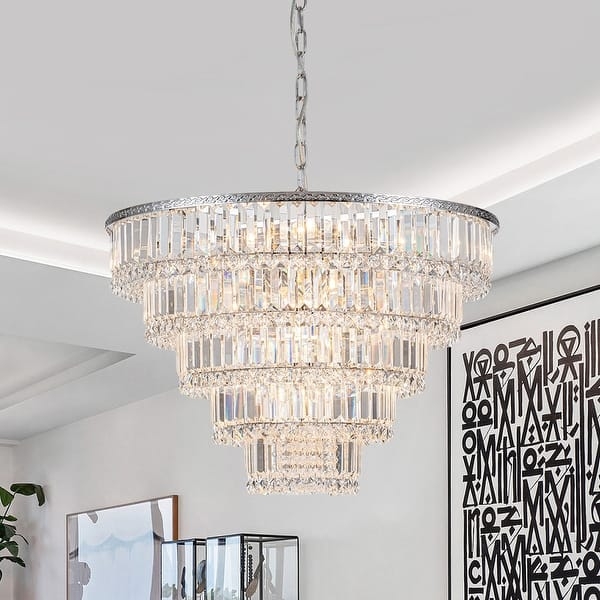 Chandelier, Tiered Crystal Fringe in Polished Chrome