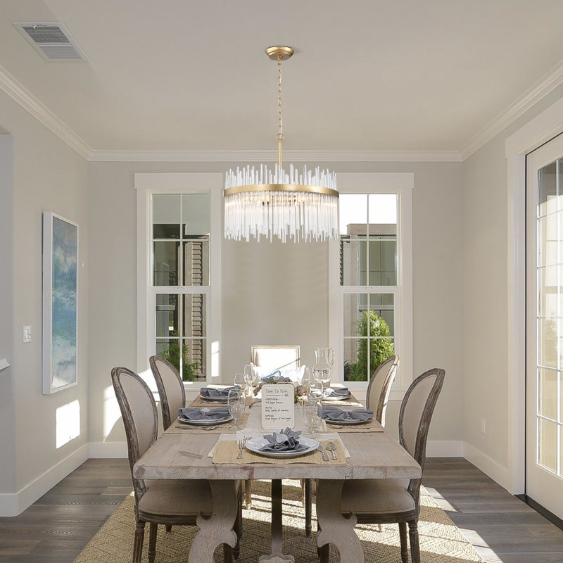 Chandelier Tiered Cylinder with Polished Chrome and Glass Prisms.