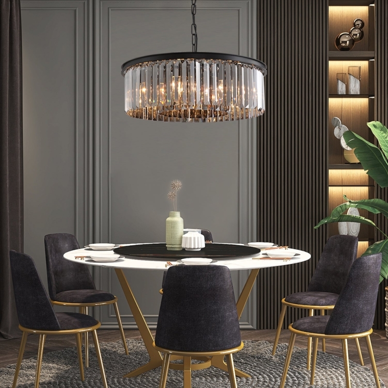 Chandelier Tiered Drum Shape Smoky Crystal Finish Modern Glam Dining
