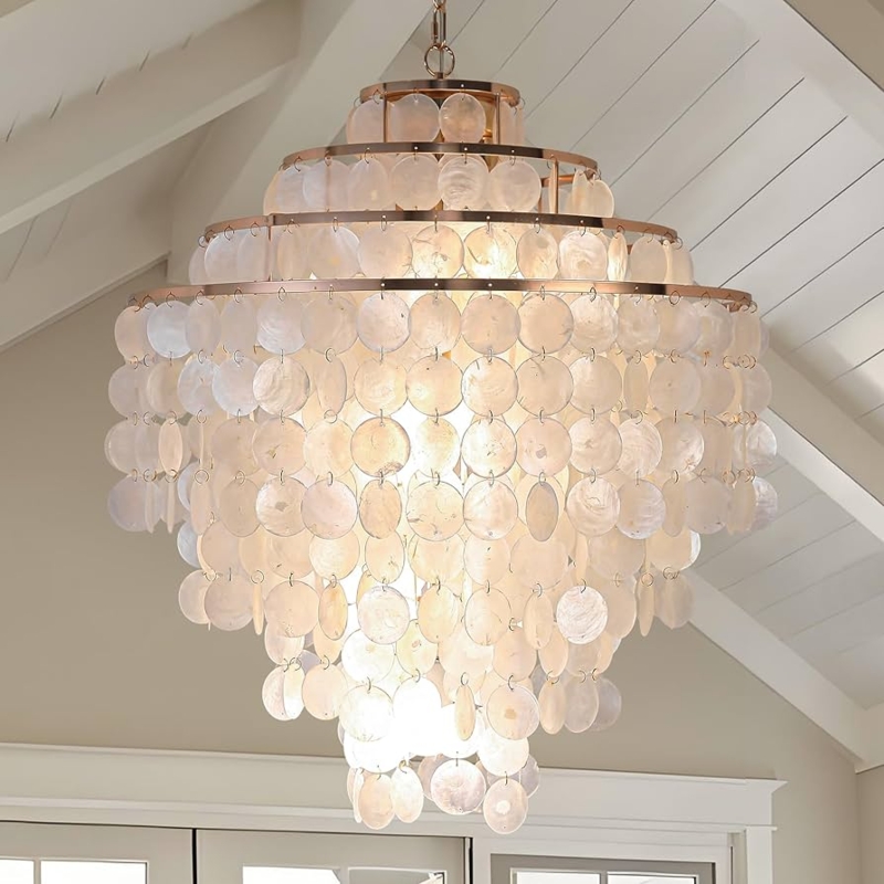 Chandelier Tiered Drum with Capiz Shell Discs and Gold Finish
