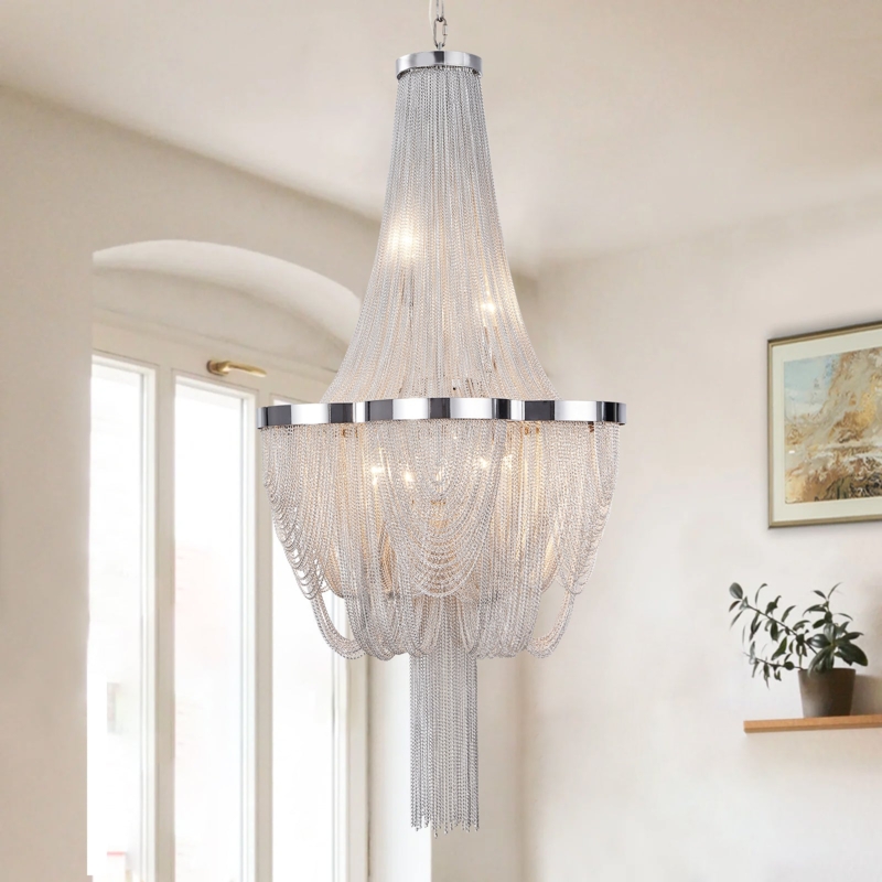 Chandelier Tiered Empire Form with Matte Black Metal Chain Tassels.