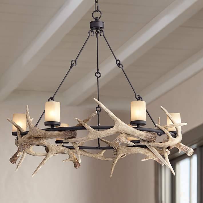 Chandelier Tiered Faux Antlers Dark Iron Accents 6-Light Rustic Lodge