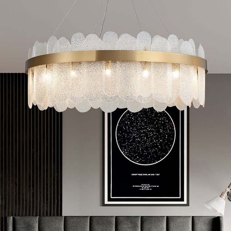 Chandelier Tiered Glass Rods Gold Trim Round Silhouette