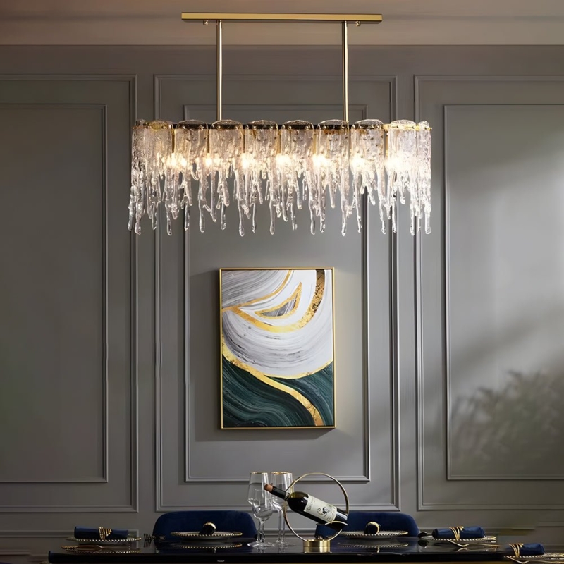 Chandelier Tiered Gold Glass Icicle Droplets Modern Luxury Dining
