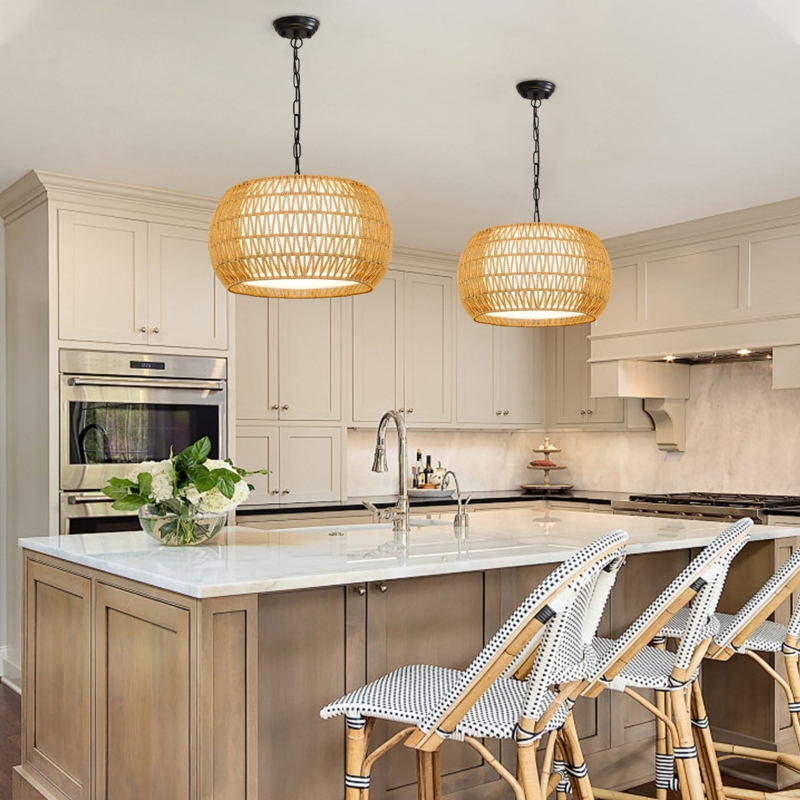 Chandelier Tiered Rattan Shades Drum Silhouette Matte Black Hardware