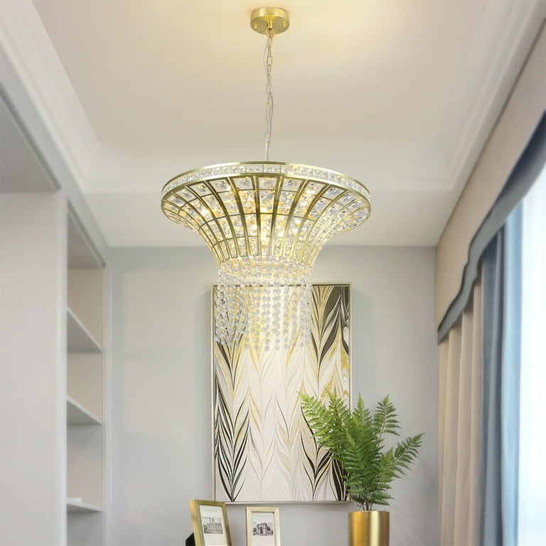 Chandelier Tiered Rings Crystal Prisms Polished Gold Luxury Fixture