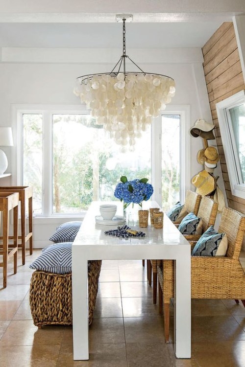 Chandelier Tiered White Shell Discs Coastal Dining Room Slipcovered