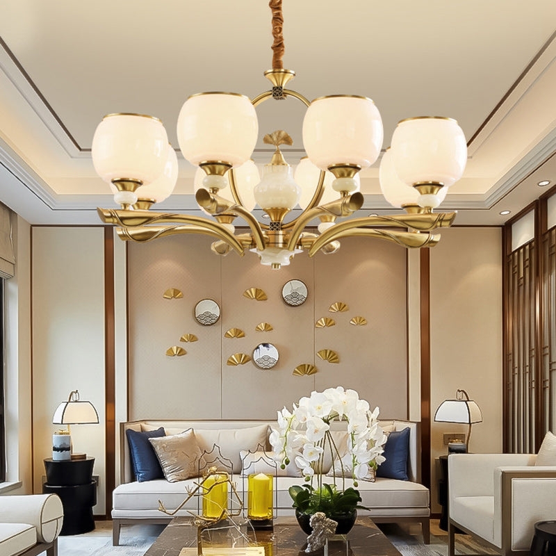 Chandelier: Traditional Chinese Copper Branches, Green Jade-Like Disks