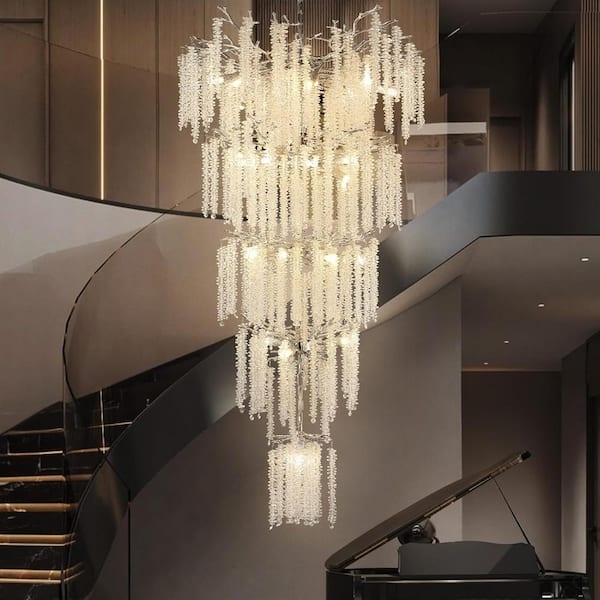 Chandelier Tree Branch Frame Polished Silver Crystal Droplets Luxury