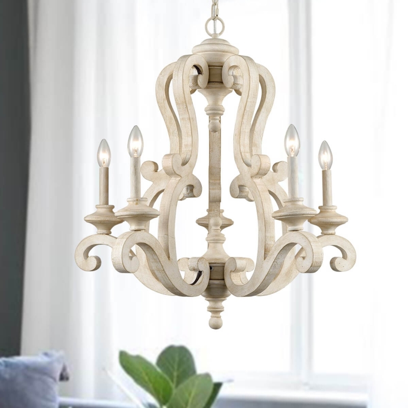 Chandelier Turned Wood Center Five Light Distressed Whitewash Scroll