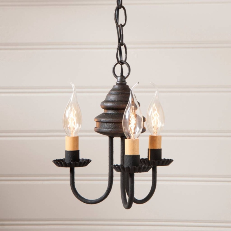 Chandelier, Turned Wood Spindle, Six Black Metal Arms, Colonial Style