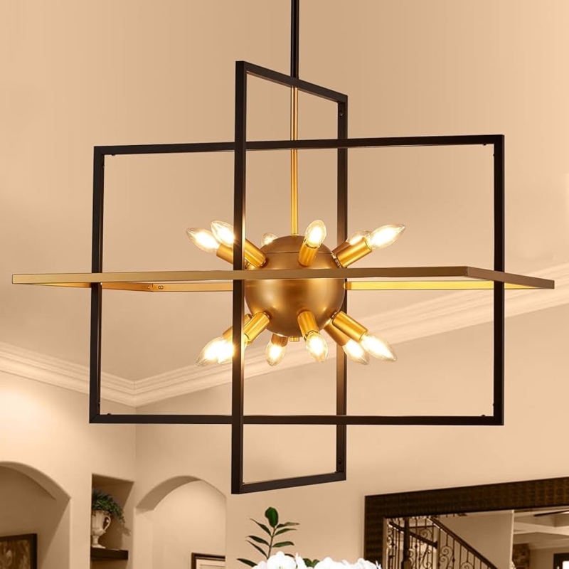 Chandelier Two-Tier 12-Light Black Gold Industrial Lantern Style