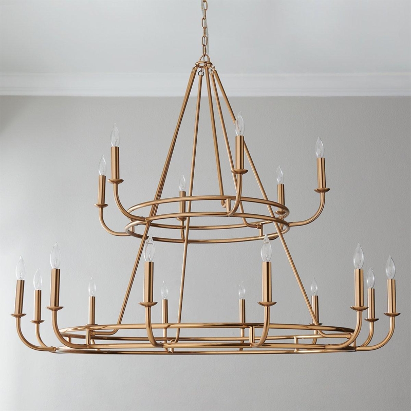 Chandelier, Two-Tier Aged Brass Arched Arms, Transitional Dining Lighting