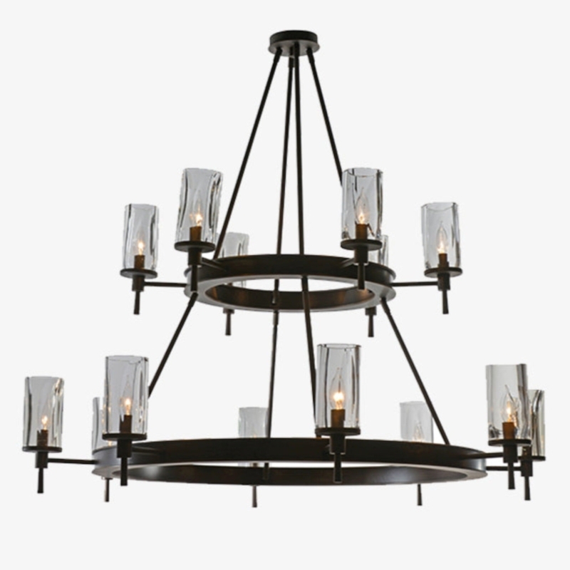 Chandelier, Two-Tier Black Metal Flame Shape, Sculptural Flame Light