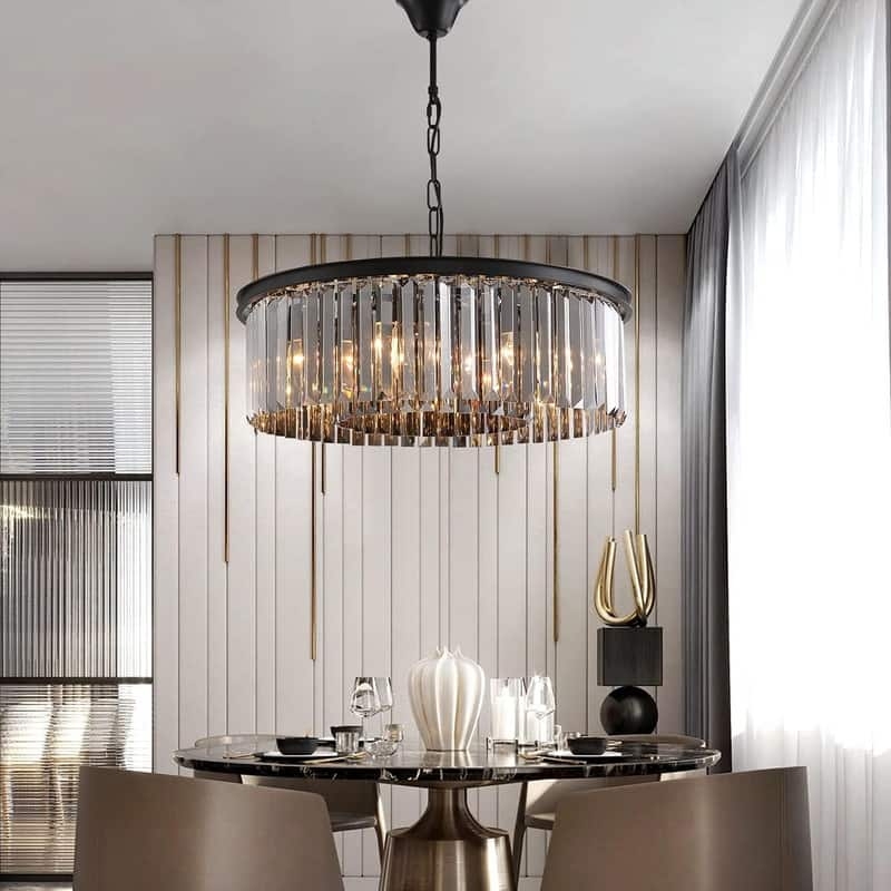 Chandelier Two Tier Circular Faceted Crystals Matte Black Dining Fixture