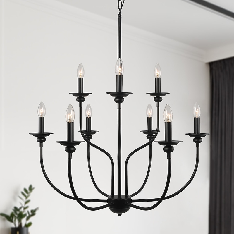 Chandelier Two Tier Matte Black Nine Light Transitional Dining Room