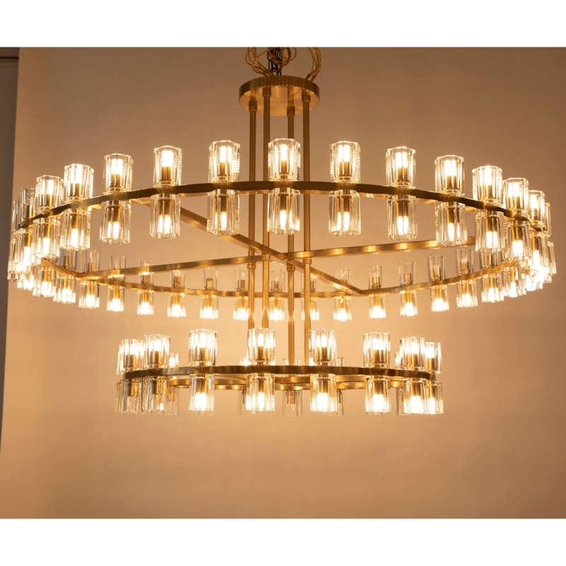 Chandelier, Two-Tier Polished Gold Vertical Crystals, Luxury Light