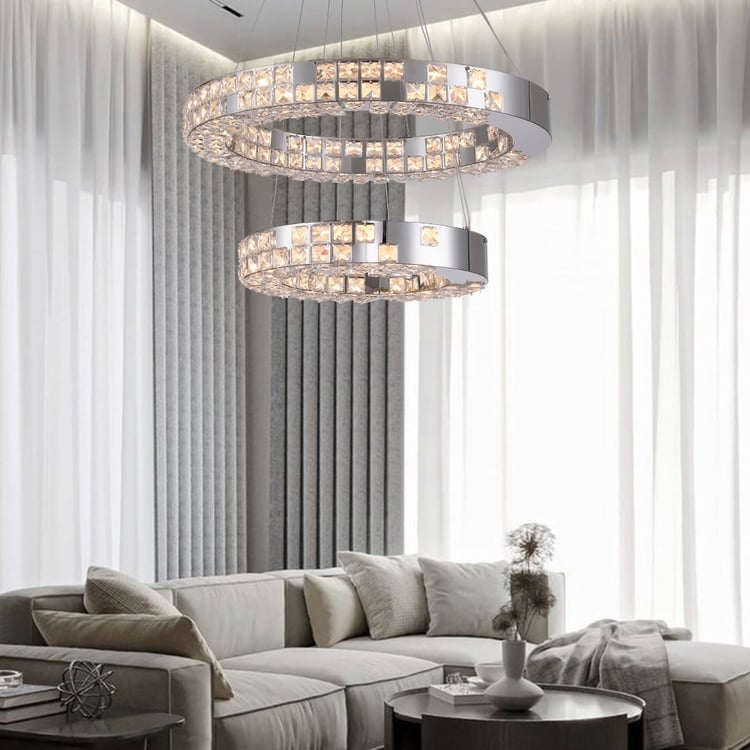 Chandelier Two Tier Rings: Faceted Crystal Polished Silver Glam Fixture