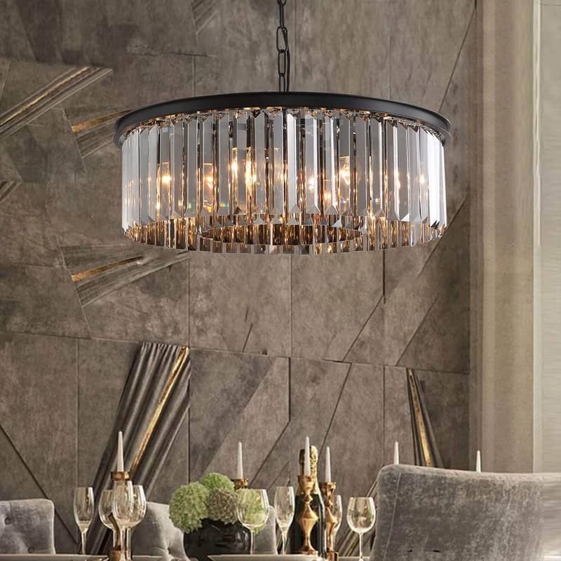 Chandelier Two Tier Round Faceted Crystals Matte Black Glam Dining Light