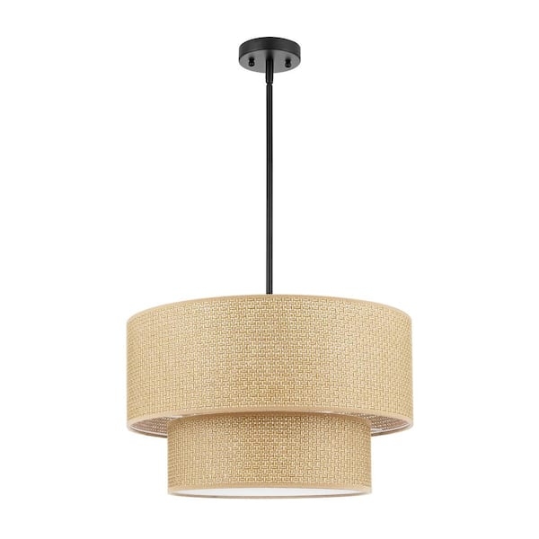 Chandelier Two-Tier Tan Fabric Drum Shade Black Hardware Lighting