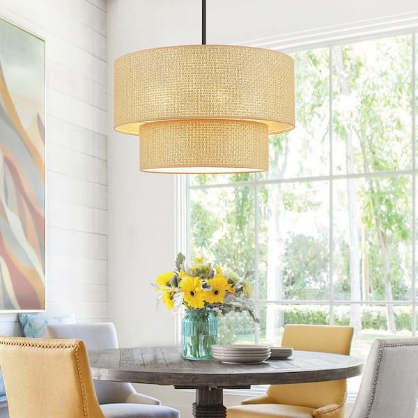 Chandelier Two-Tier Tan Linen Texture Brushed Metal Transitional