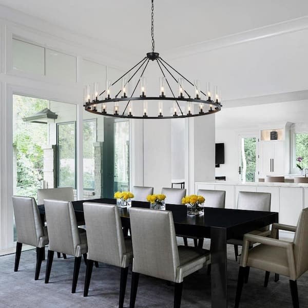 Chandelier Two-Tier Wagon Wheel 24-Light Matte Black Exposed Bulbs
