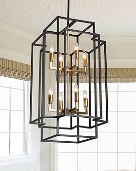 Chandelier: Two-Tone Black and Gold Rectangular Lantern 8-Light Fixture