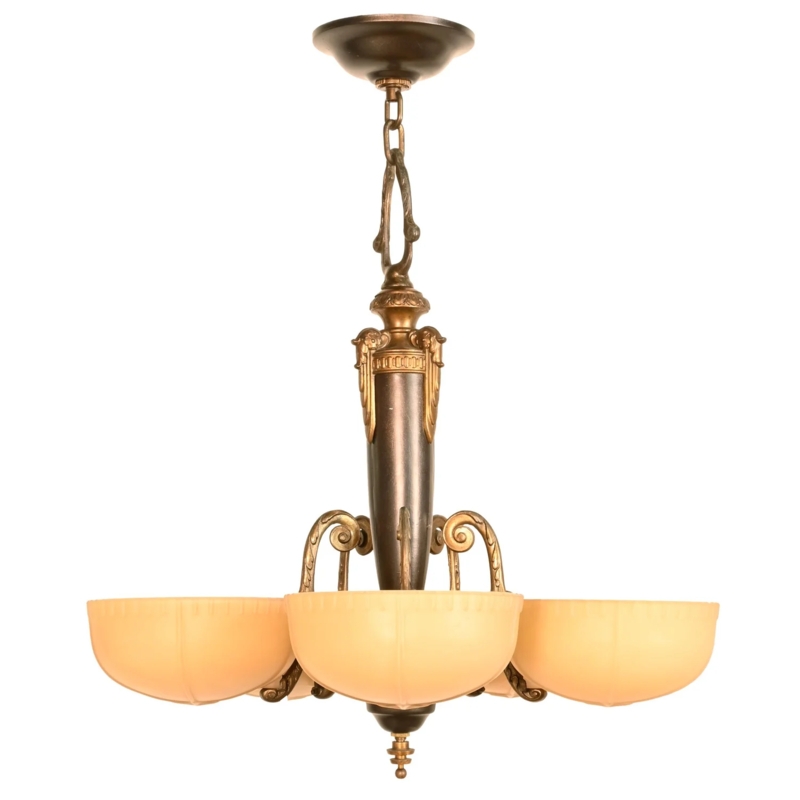 Chandelier Two-Tone Finish Tan Molded Glass Slipper Shades Vintage