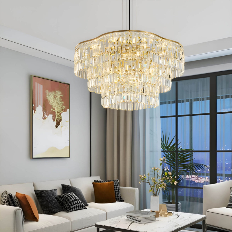 Chandelier Vertical Crystal Prisms Gold Tiered Circular Living Room