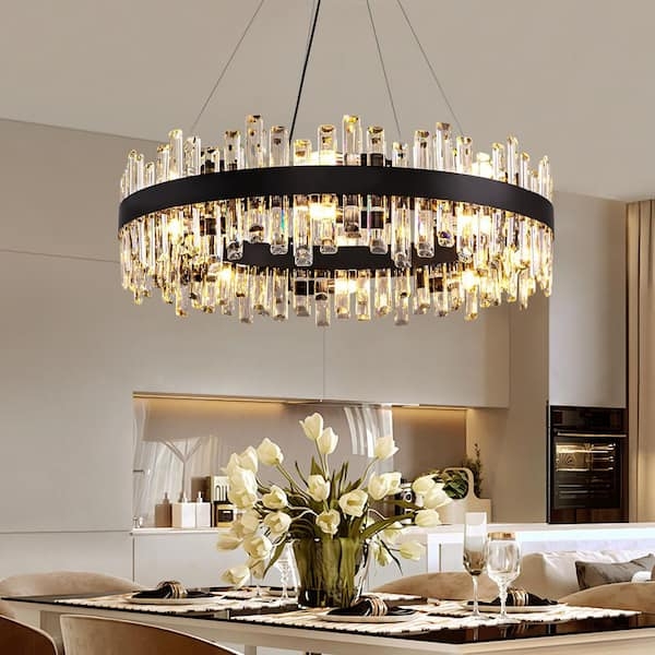 Chandelier Vertical Prisms Matte Black Two Tier Circular Modern Glam