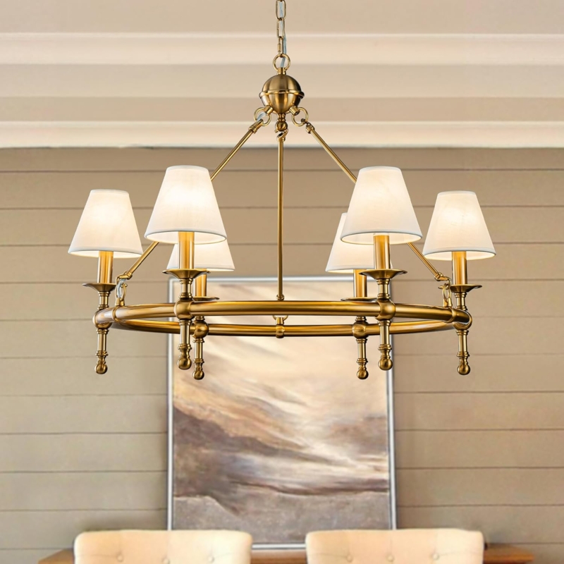Chandelier Vintage Brass Dining Room Pleated Shades Two Tier Frame