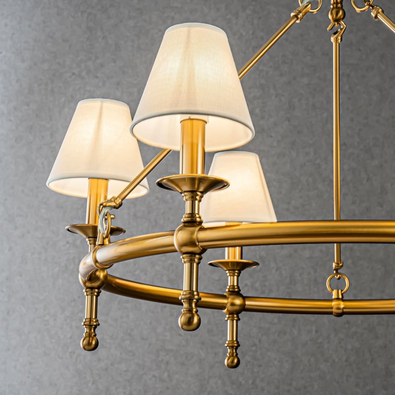 Chandelier Vintage Brass Six Light Configuration Pleated Fabric Shades