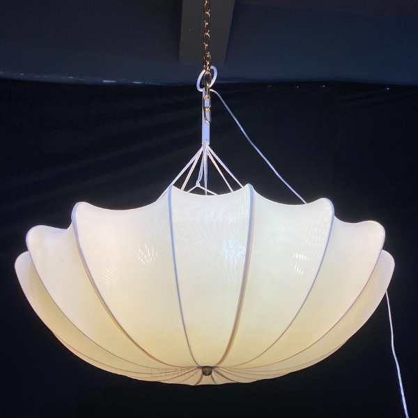 Chandelier Vintage Cream Fabric Shade Brass Swan Neck Arms Six Light
