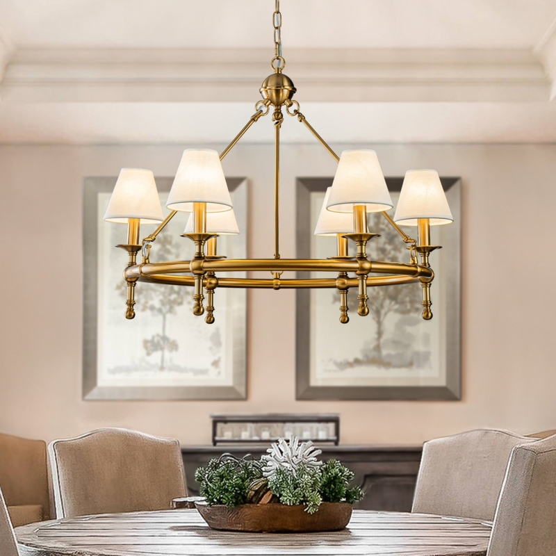 Chandelier Vintage Finish 6-Light with White Pleated Shades