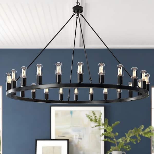 Chandelier Wagon Wheel 24-Light Matte Black Large Scale Farmhouse