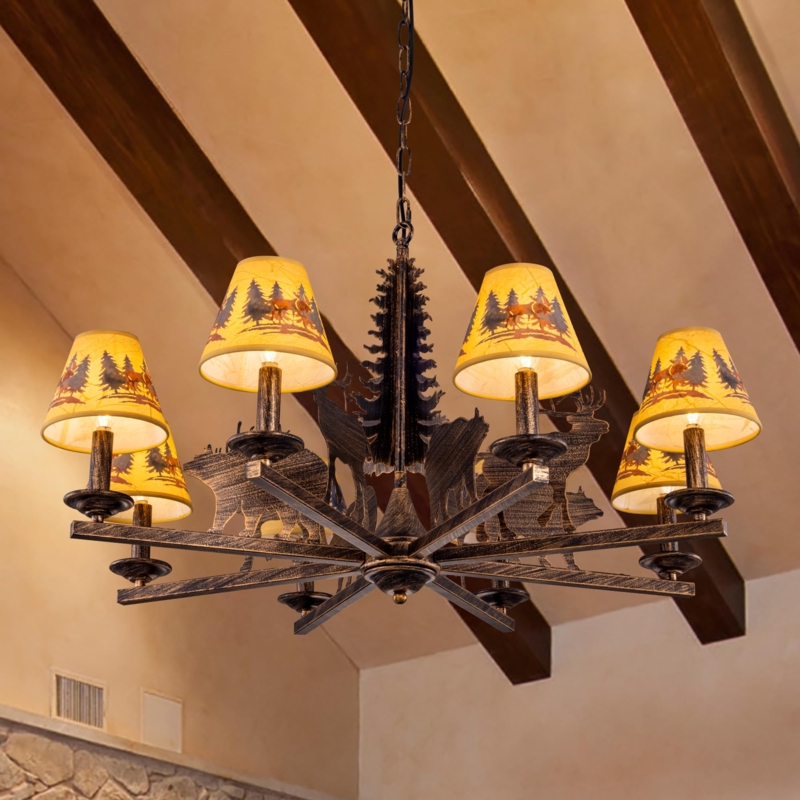 Chandelier Wagon Wheel Bear Silhouette Cutouts Tapered Shades Bronze