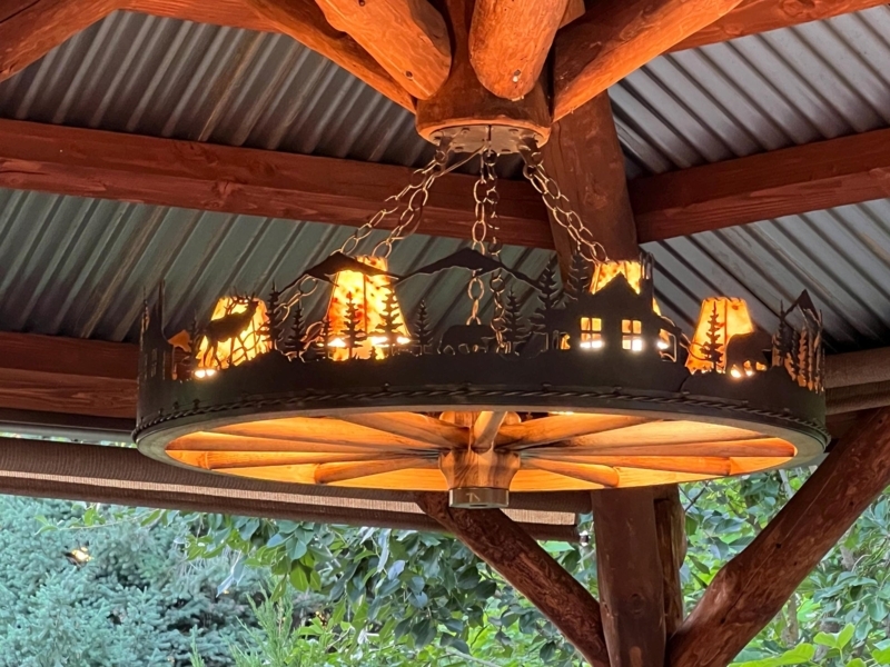 Chandelier Wagon Wheel Frame Sheepskin-Like Shades Distressed Textured