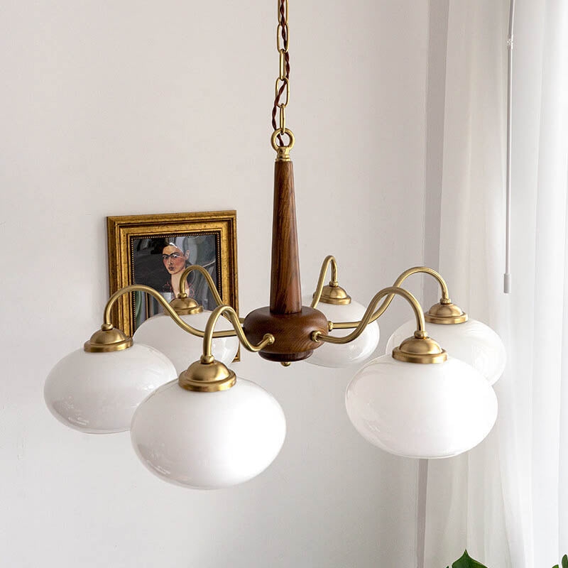 Chandelier Walnut Center Rod, Frosted Dome Shades, Warm Walnut and Glass