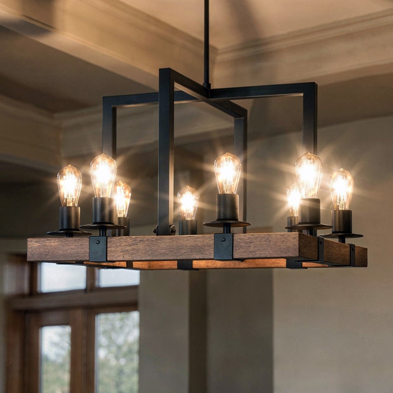 Chandelier Walnut Wood Band Frame Exposed Bulbs Rustic Industrial