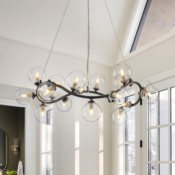 Chandelier Wave Shape 19 Light Bubble Glass Matte Black Linear Design