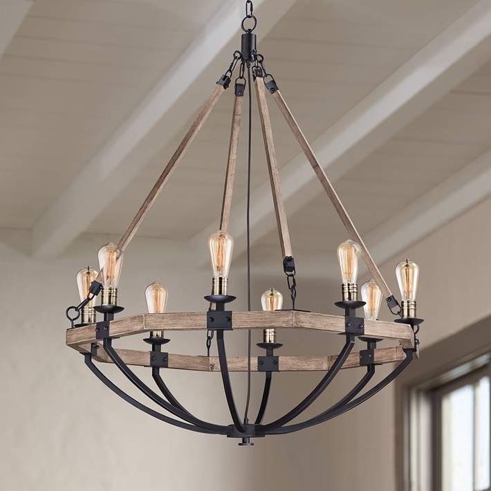 Chandelier Weathered Oak Ring Bronze Cylinder Glass Shades Eight-Light