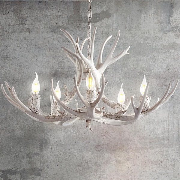 Chandelier White Resin Antler 5-Light Sculptural Fixture